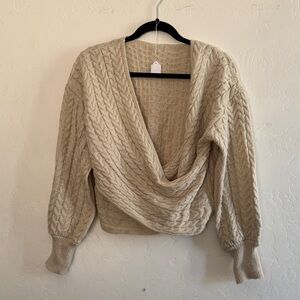 SHEIN Cream V-Neck Cable Knit Sweater